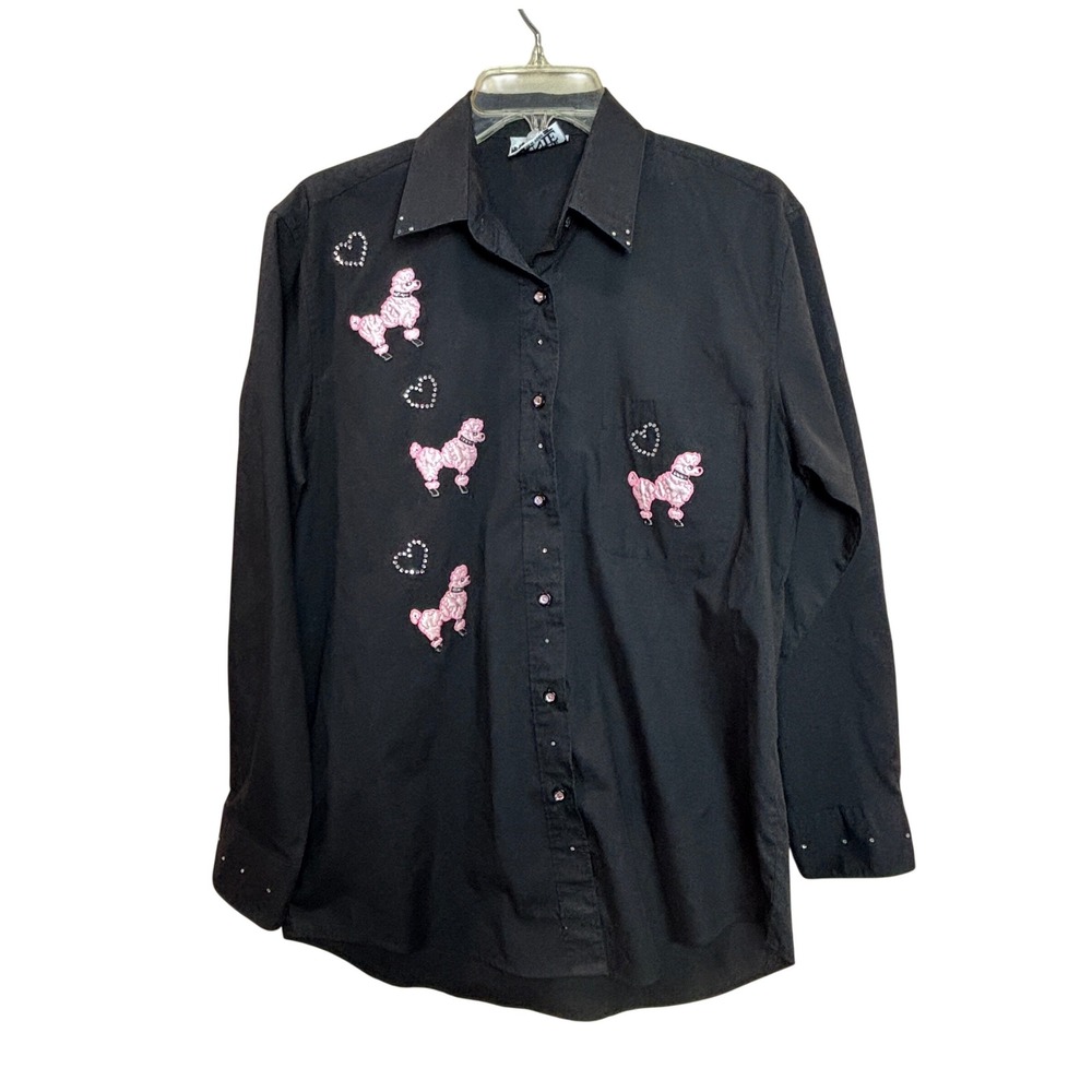 Vintage Button Down Shirt Womens Small Black Pink Poodle Rhinestone Heart Kitsch
